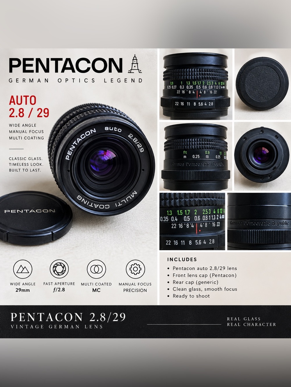Pentacon Auto 29mm f/2.8 MC Wide Angle Manual Focus Vintage German Lens